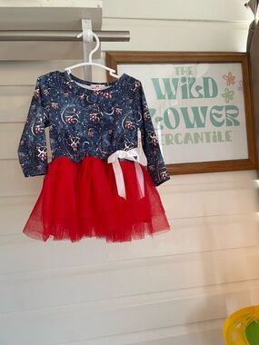 Girls Navy Floral Top with Red Tulle Skirt and White Bow